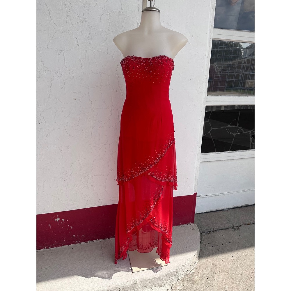 B'Dazzle Red Silk Beaded Y2K High Low Prom Formal Gown Dress Size 2
